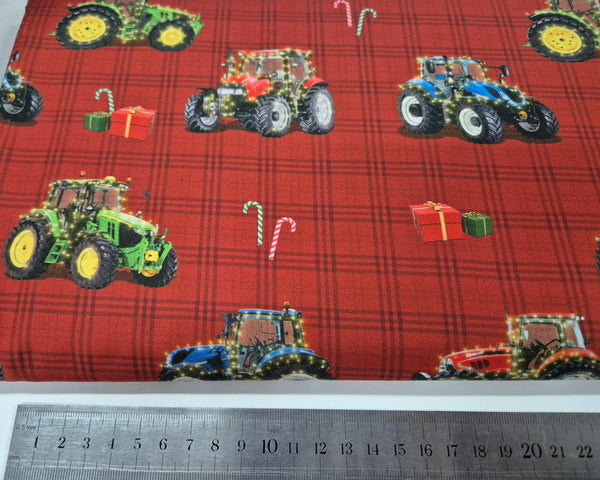 Aussie Christmas Tractors On Red Patchwork