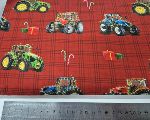 Aussie Christmas Tractors On Red Patchwork